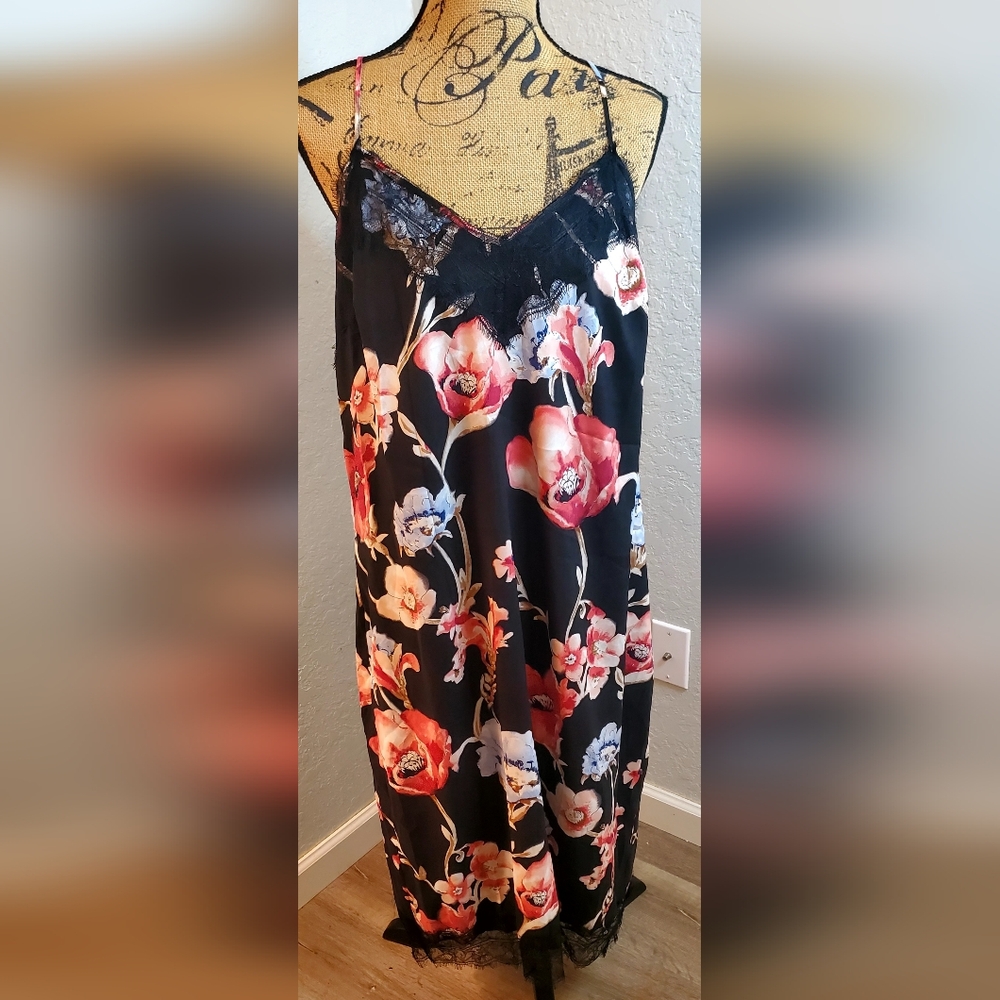 White House Black Market Black and Red Floral Midi Slip Dress